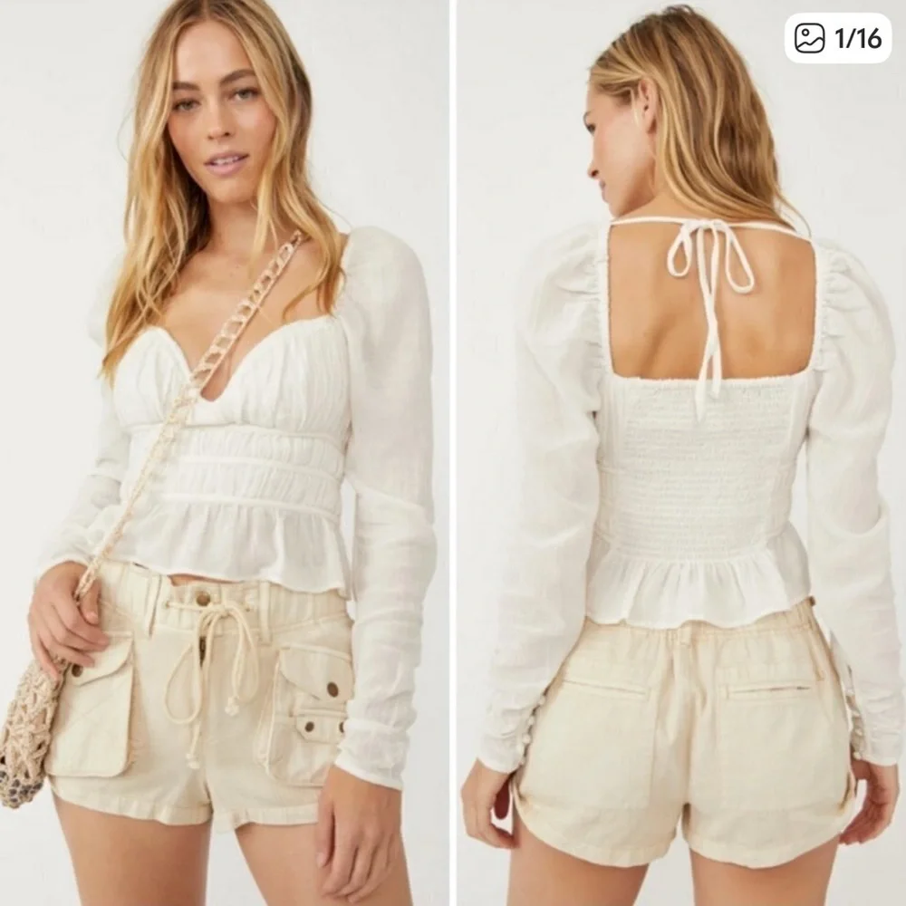 Free People Women's White Chloe Smocked Tie Neck Cotton Blouse Top Size M
